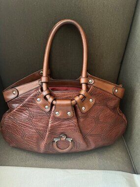 Ferragamo Brown Leather Tote Bag With Hexagonal Stitching & Silver Hardware